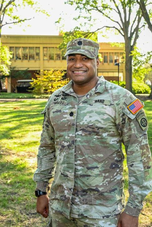 Brandon Shah in Army uniform on ODU campus.